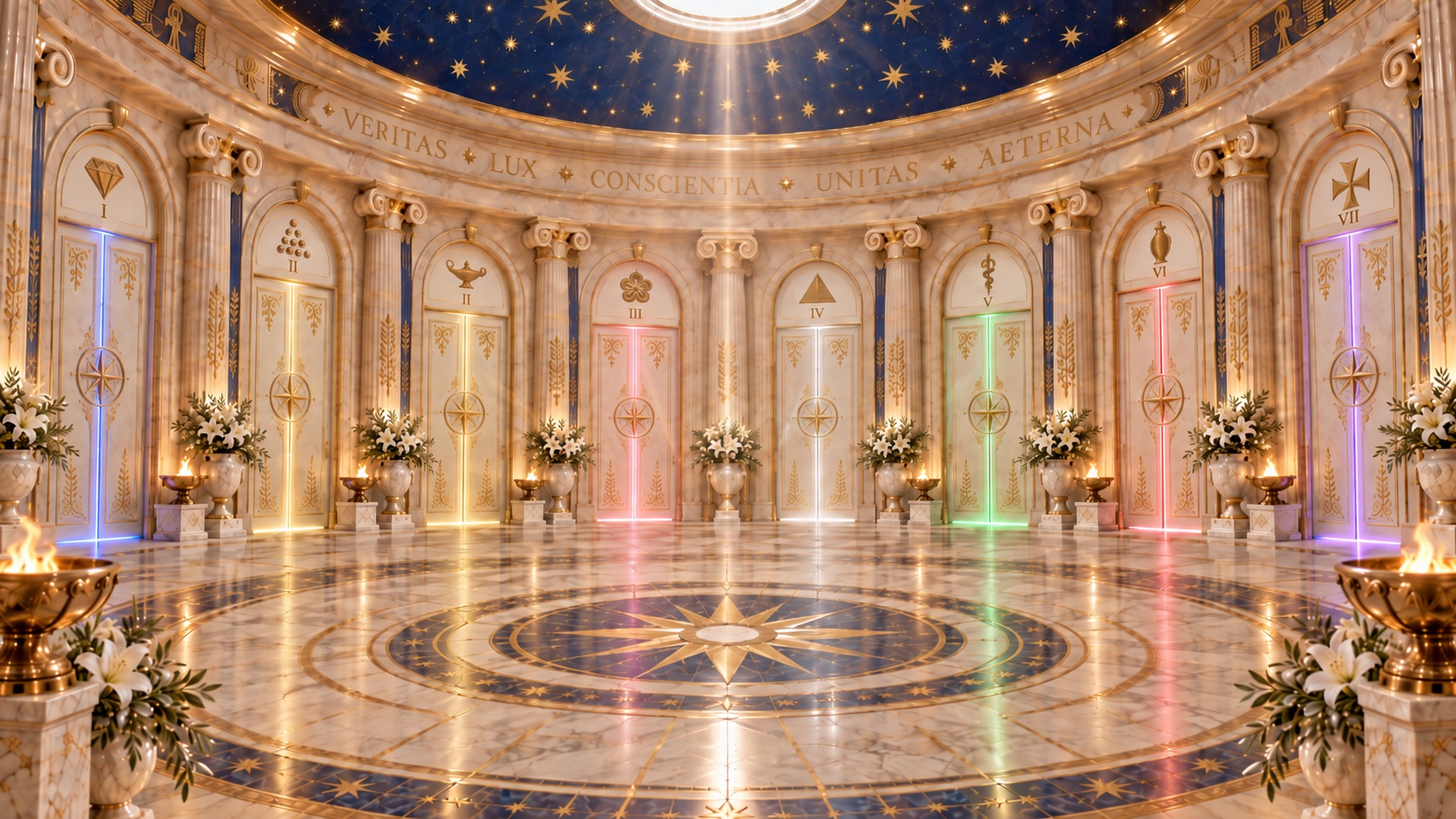 Sala circular del templo con ocho puertas, una por cada guardián de los Siete Rayos